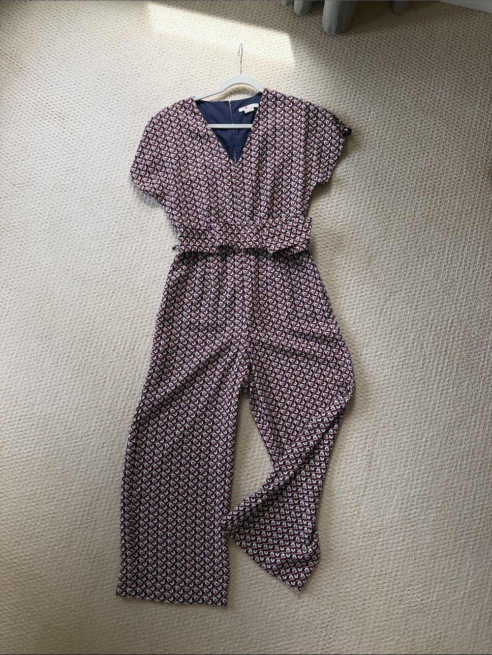 Boden Women’s Patterned Short-Sleeve Jumpsuit in Burgundy. Size 6tall.